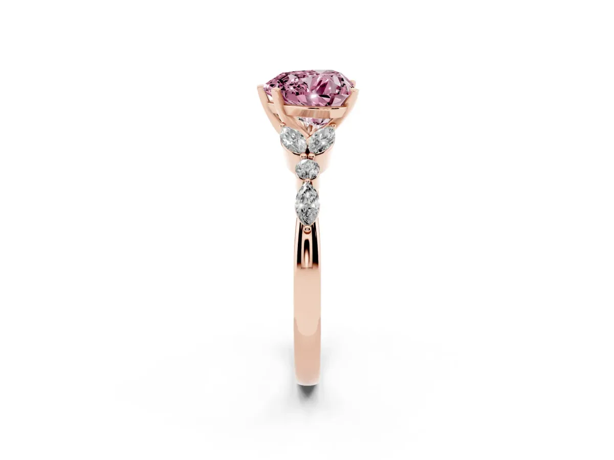 Fancy Pink Heart Cut Diamond Solitaire Ring with Side Stones and Four-Prong Setting Rose gold