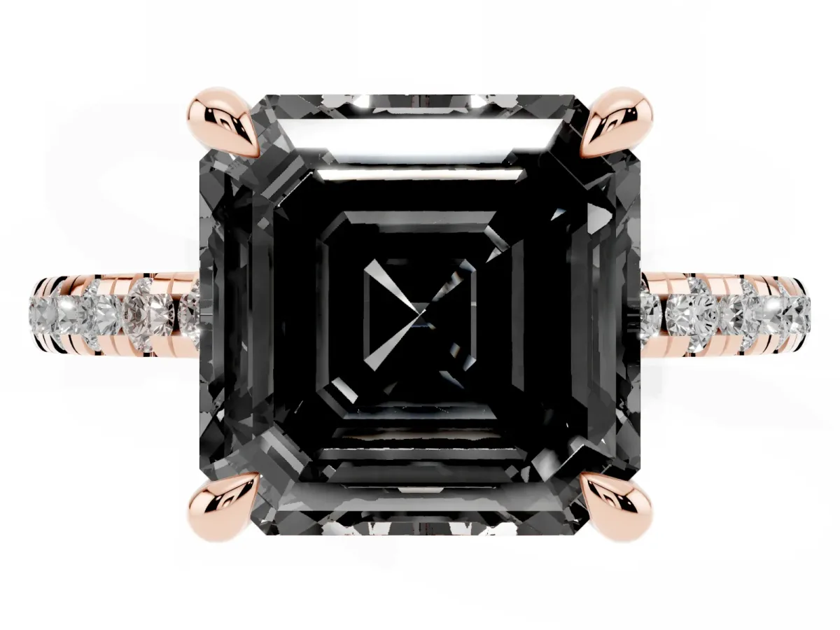 Fancy Black Asscher Cut Diamond Brilliant Solitaire Ring with Pavé Band and Four-Prong Setting Rose gold