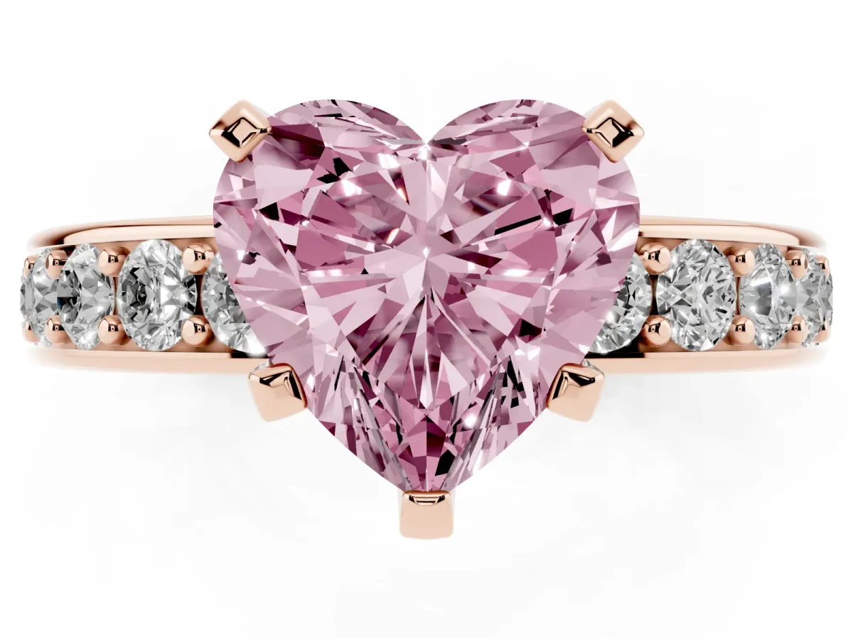 Fancy Pink Heart Cut Diamond Engagement Ring with Channel Set Round Band and Prong Setting Rose gold