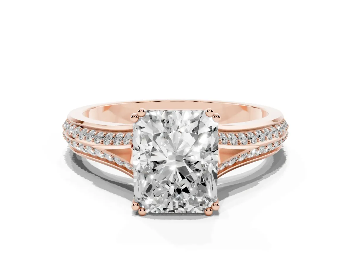 Radiant Cut Diamond Split Shank Engagement Ring with Pavé Band Rose gold