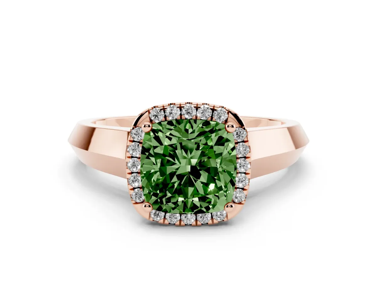 Fancy Green Cushion Cut Halo Diamond Ring with Cathedral Band and Four-Prong Setting Rose gold