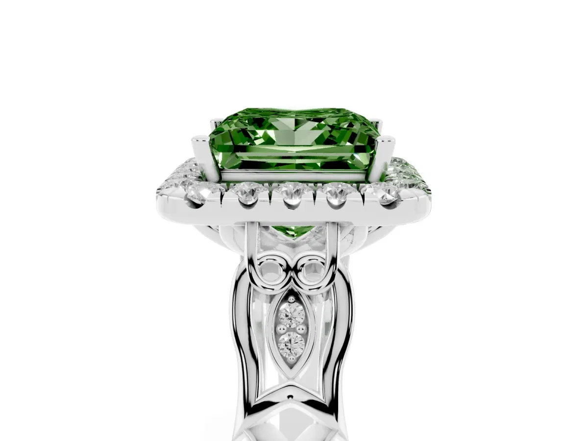 Fancy Green Princess Cut Halo Diamond Engagement Ring with Filigree Band and Four-Prong Setting Platinum