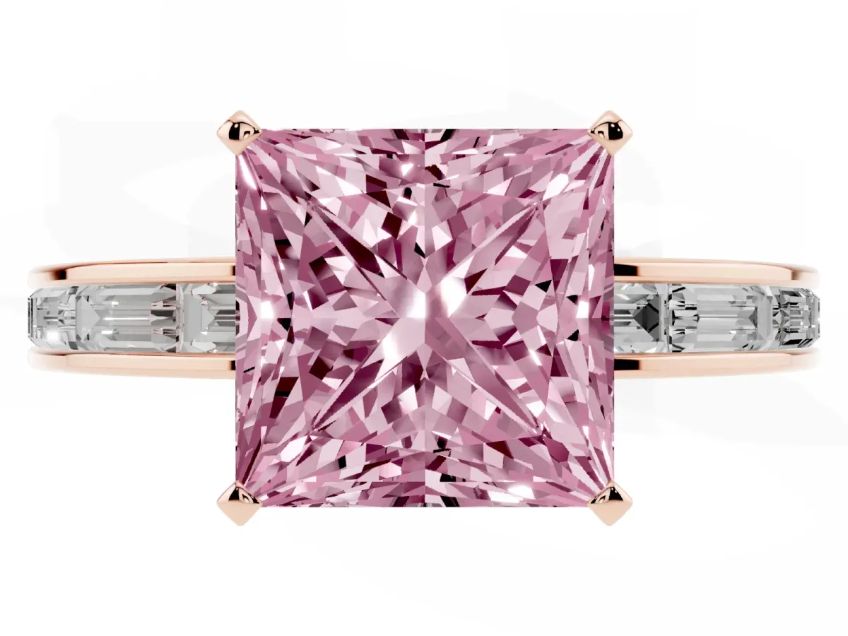 Fancy Pink Princess Cut Solitaire Diamond Ring with Channel-Set Baguette Band and Four-Prong Setting Rose gold