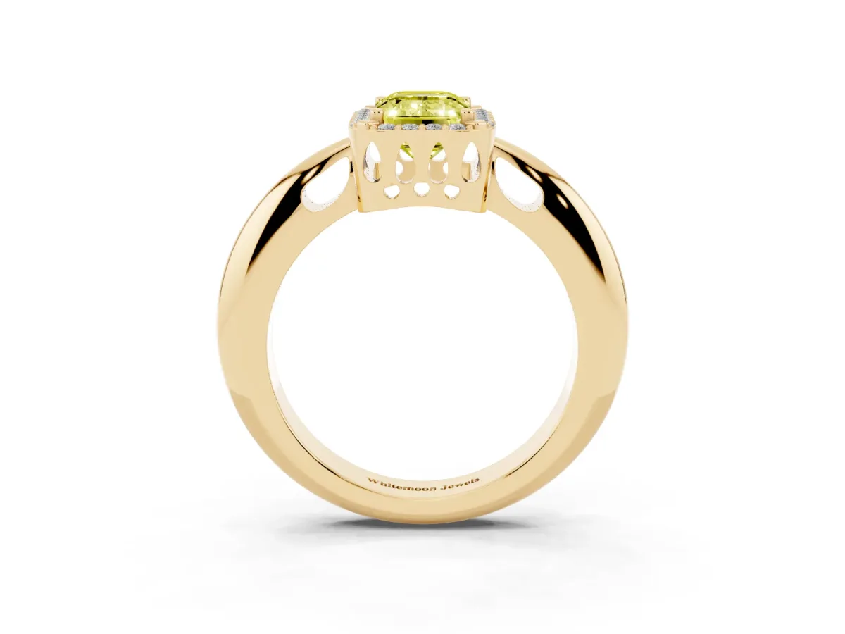 Fancy Yellow Emerald Cut Cut Diamond Halo Engagement Ring with Split Shank and Four-Prong Setting Yellow gold