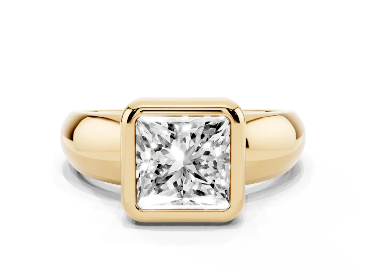 Bezel Set Princess Cut Solitaire Ring with Wide Band Yellow gold