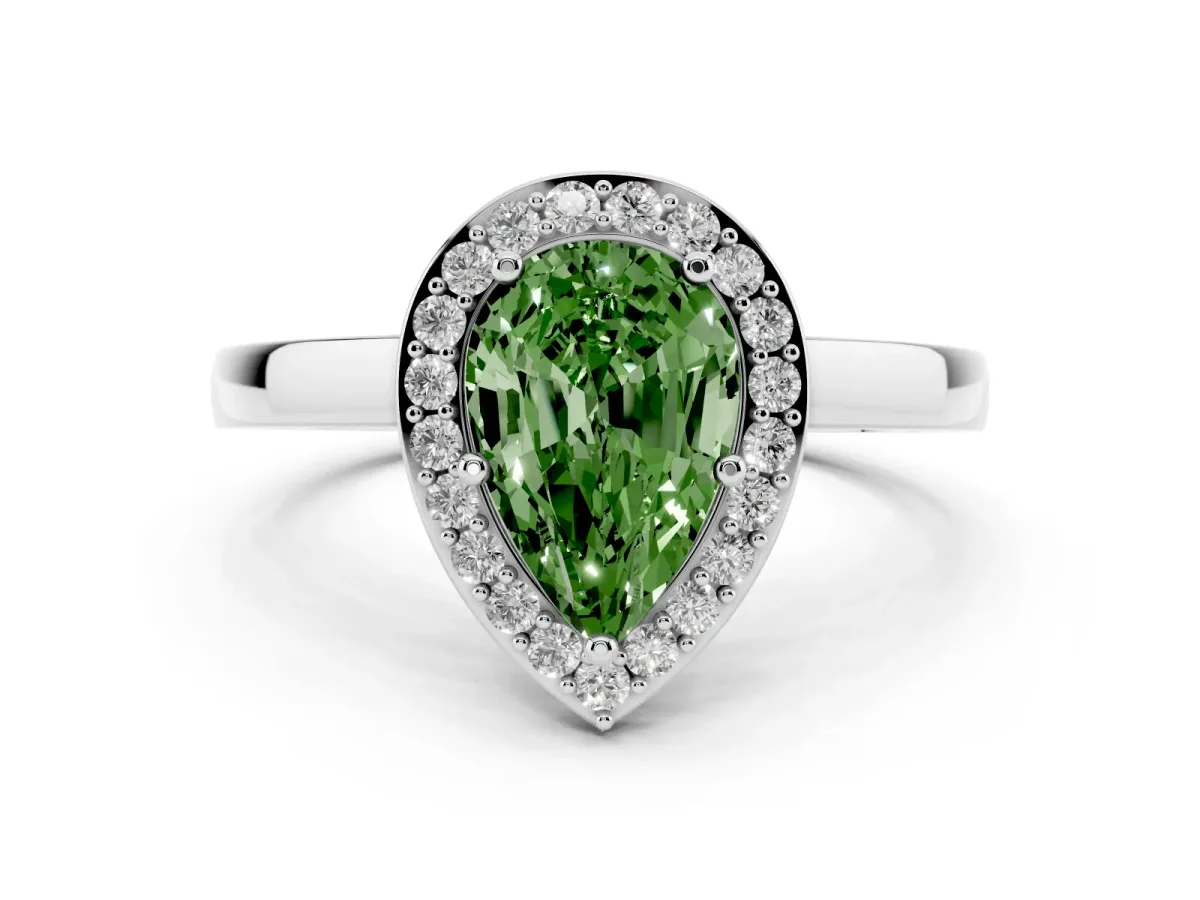 Fancy Green Pear Cut Halo Diamond Ring with Solitaire Band and Prong Setting Silver