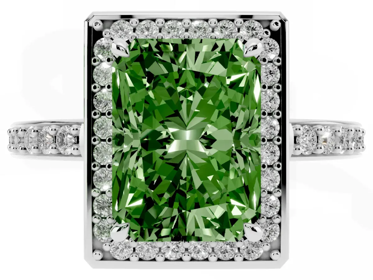 Fancy Green Radiant Cut Halo Pave Band Solitaire Ring with Prong Setting White gold
