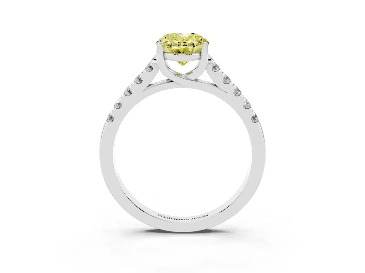 Fancy Yellow Oval Cut Diamond Pavé Band Solitaire Ring with Prong Setting Silver