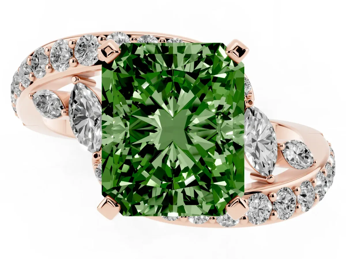 Fancy Green Radiant Cut Solitaire with Pavé Twist Band and Four-Prong Setting Rose gold