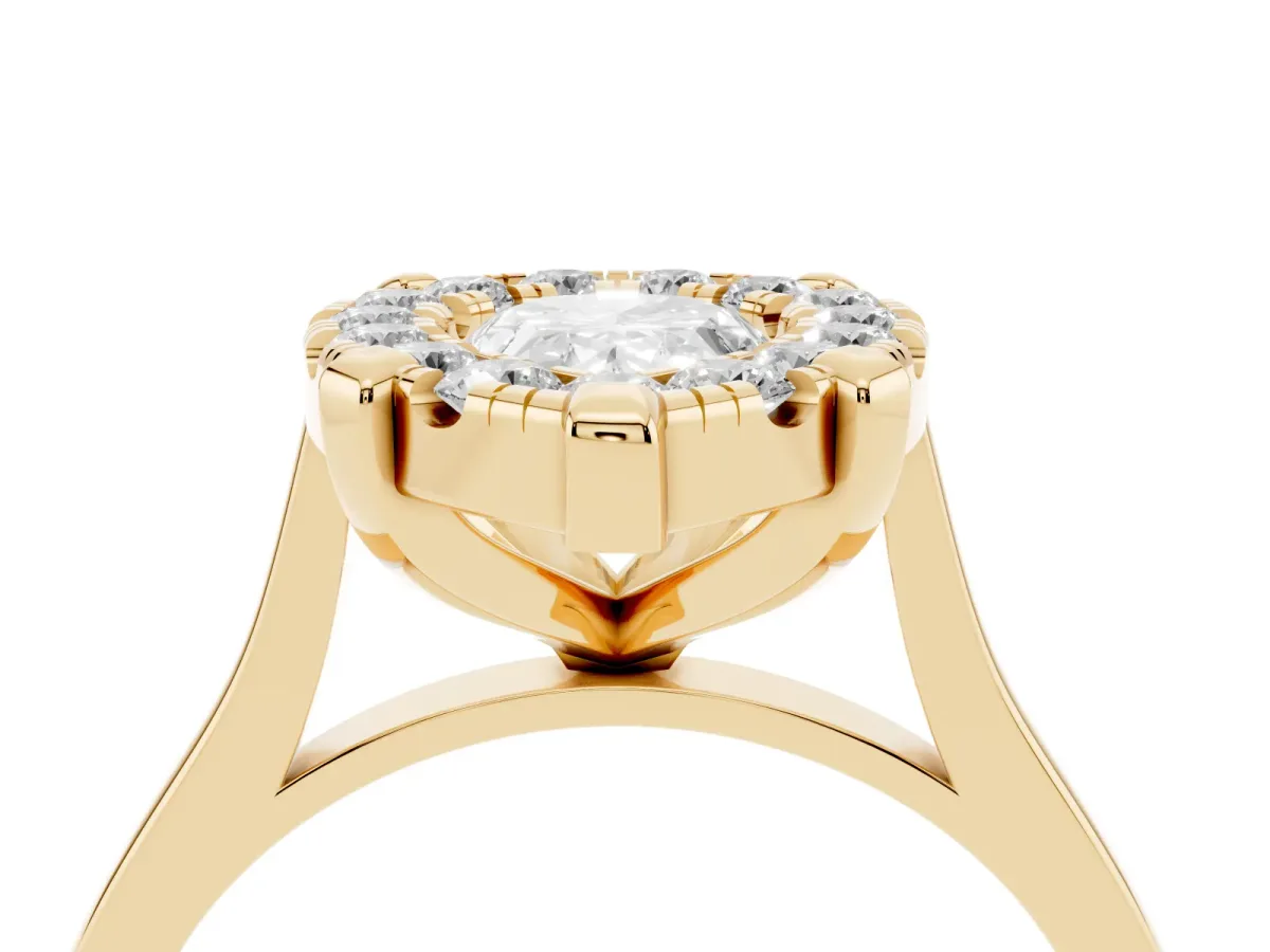 Pear Cut Diamond Cluster Halo Solitaire with Four-Prong Setting Yellow gold