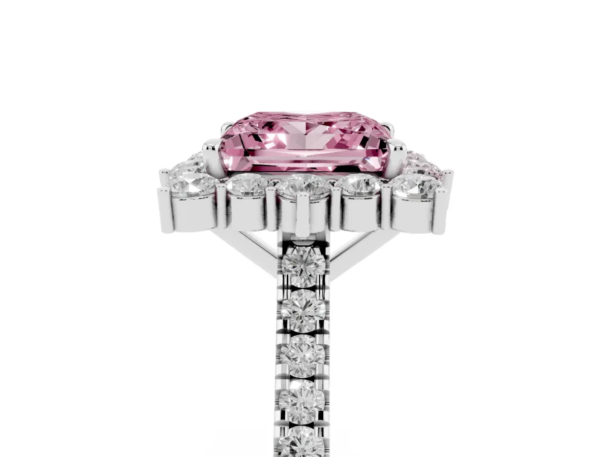 Fancy Pink Princess Cut Halo Diamond Ring with Pavé Band and Prong Setting Silver