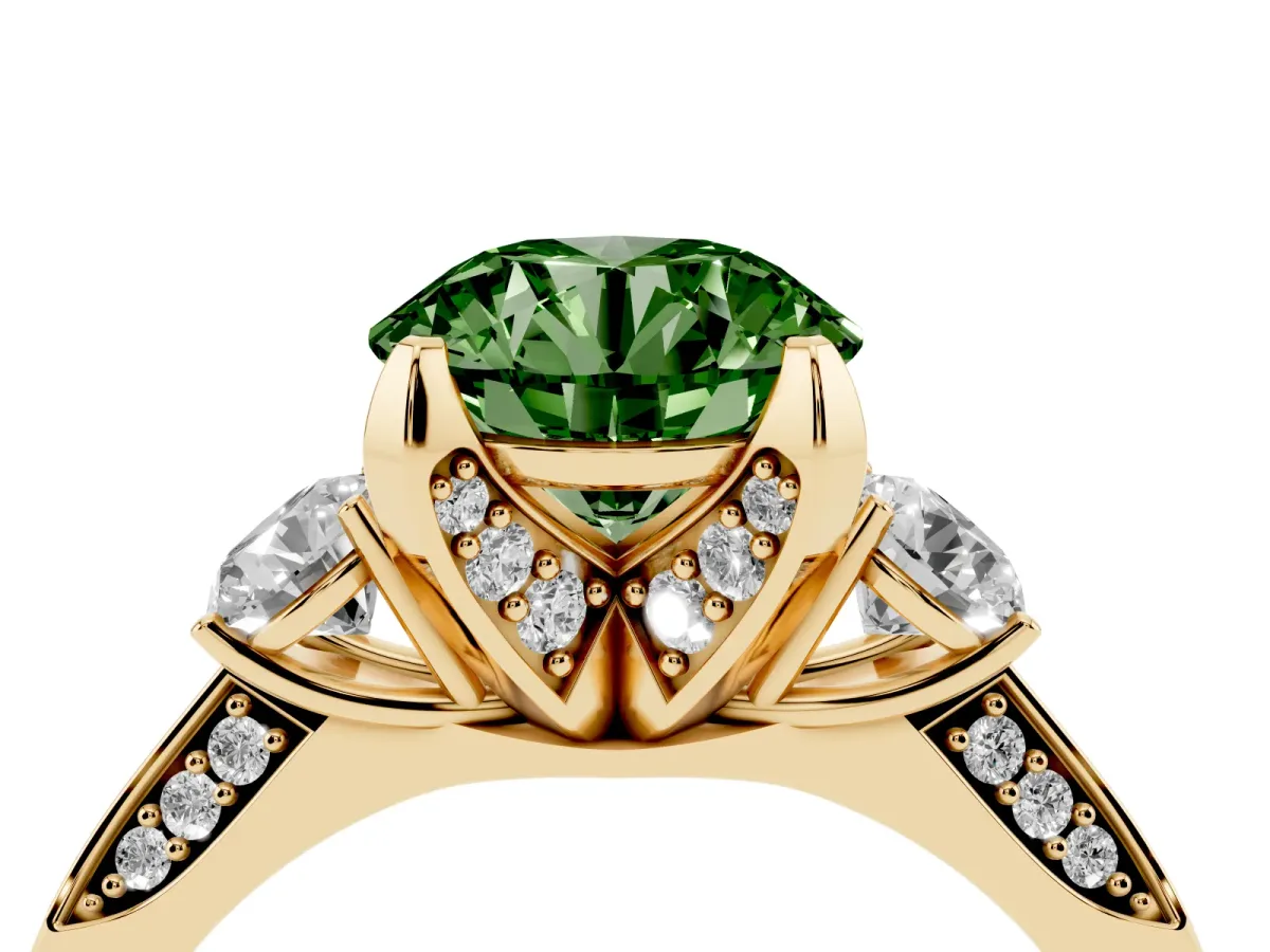 Fancy Green Round Cut Brilliant Three-Stone Diamond Ring with Pavé Band and Four-Prong Setting Yellow gold