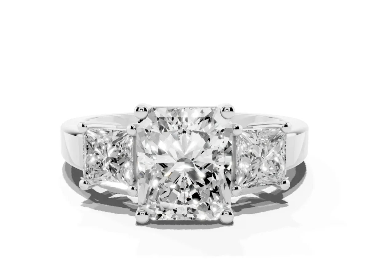 Three-Stone Radiant Cut Cut Solitaire Ring with Prong Setting Silver