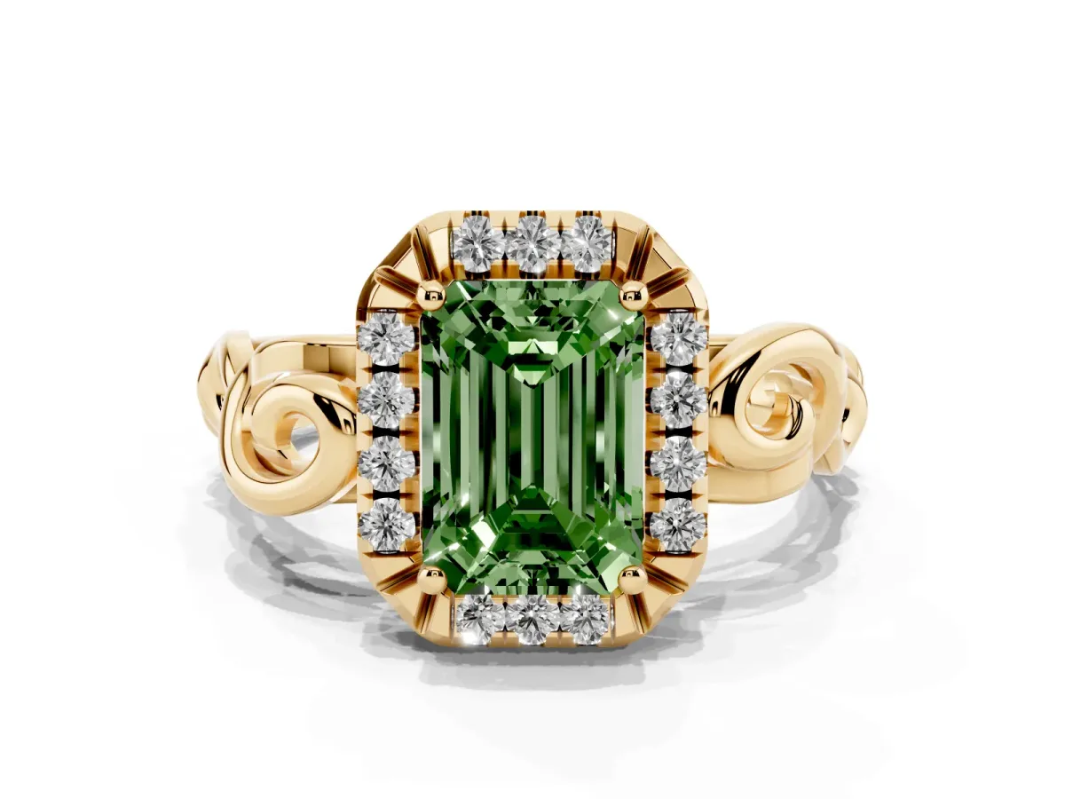 Fancy Green Emerald Cut Cut Halo Diamond Ring with Scrollwork Band and Four-Prong Setting Yellow gold