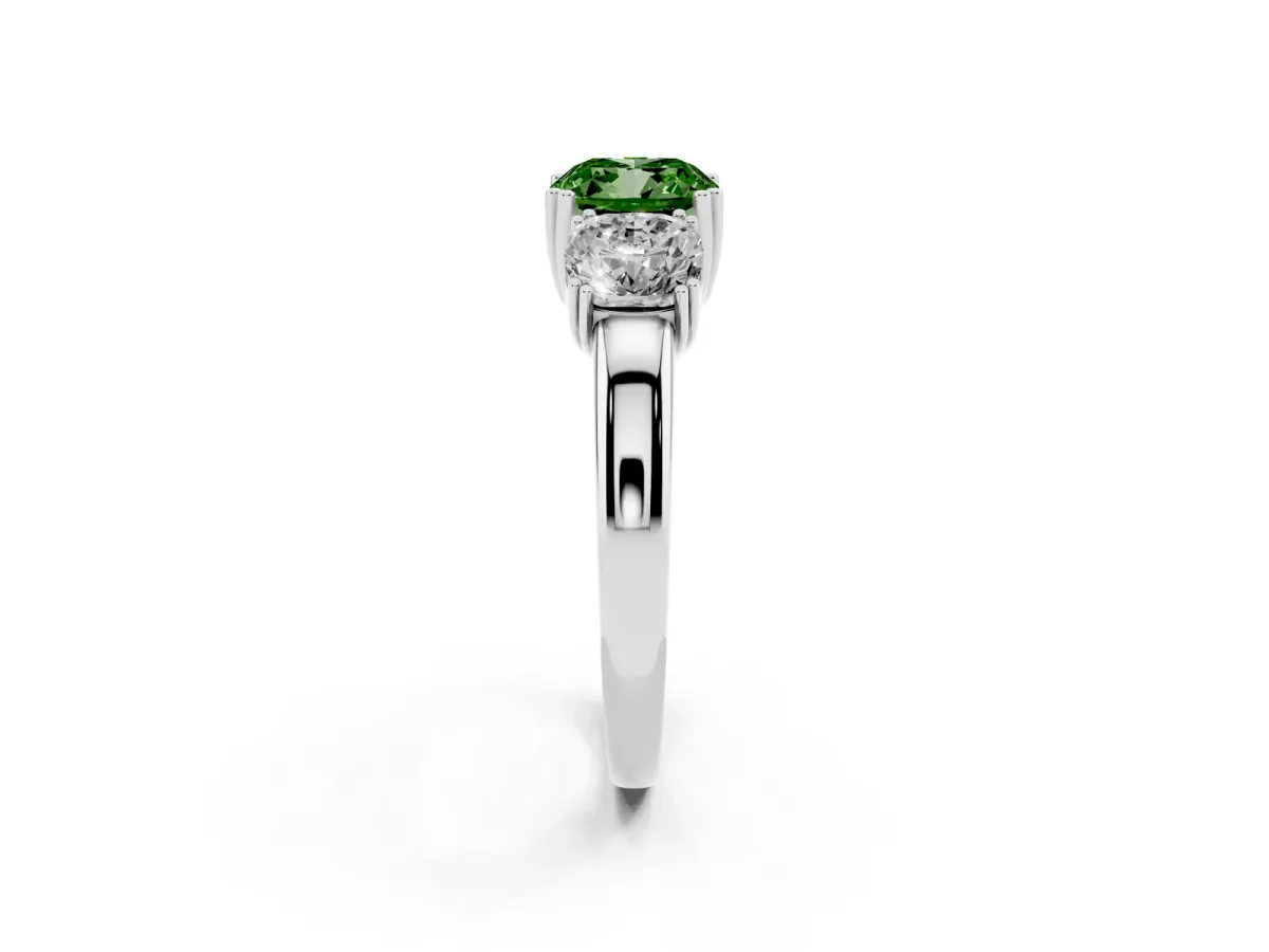 Fancy Green Three-Stone Cushion Cut Cut Diamond Ring with Channel Set Band and Four-Prong Setting Silver