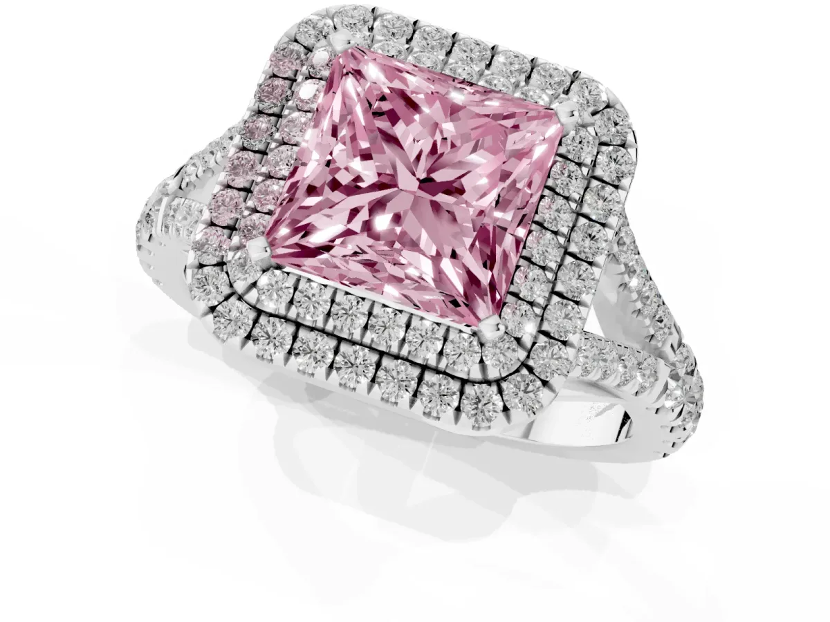 Fancy Pink Princess Cut Diamond Double Halo Ring with Split Shank and Prong Setting Platinum