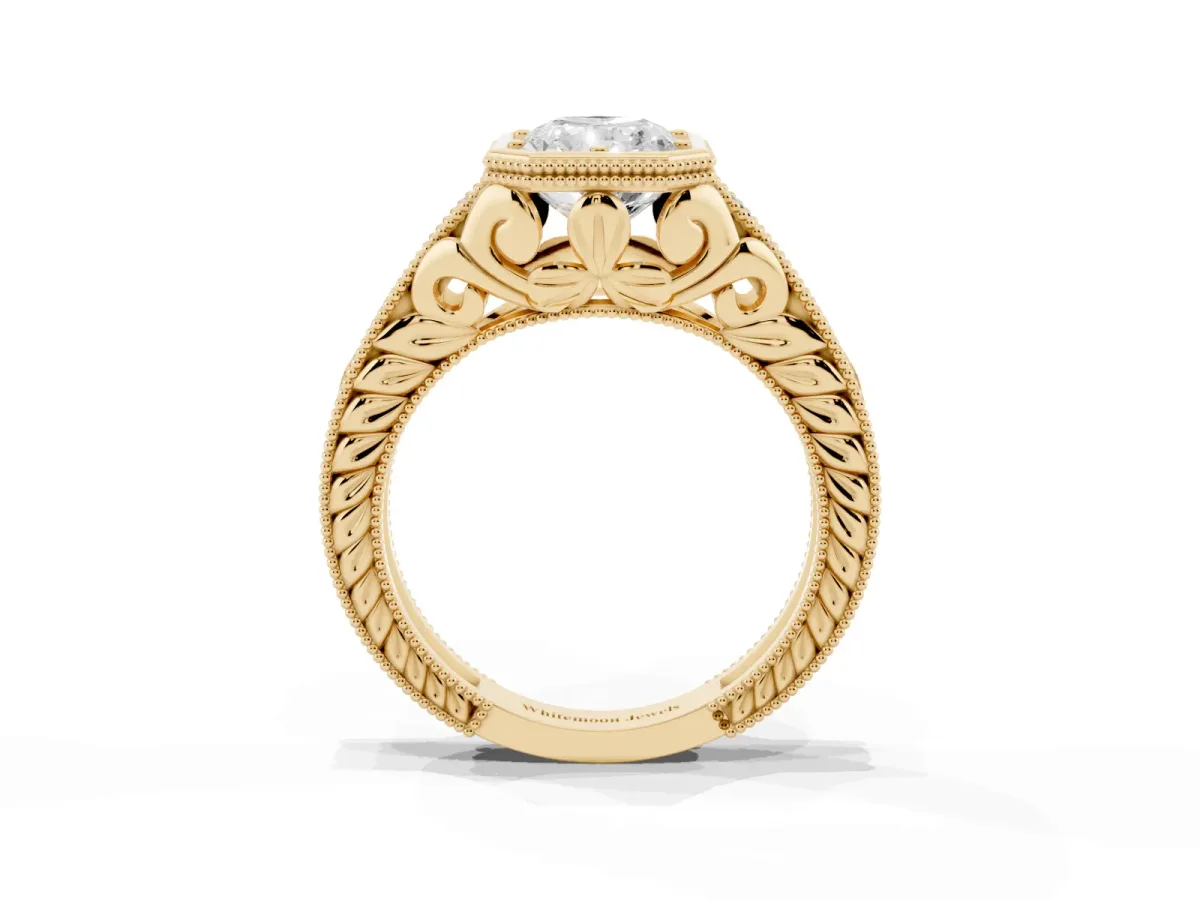Bezel Set Radiant Cut Diamond Milgrain Pave Engagement Ring Yellow gold