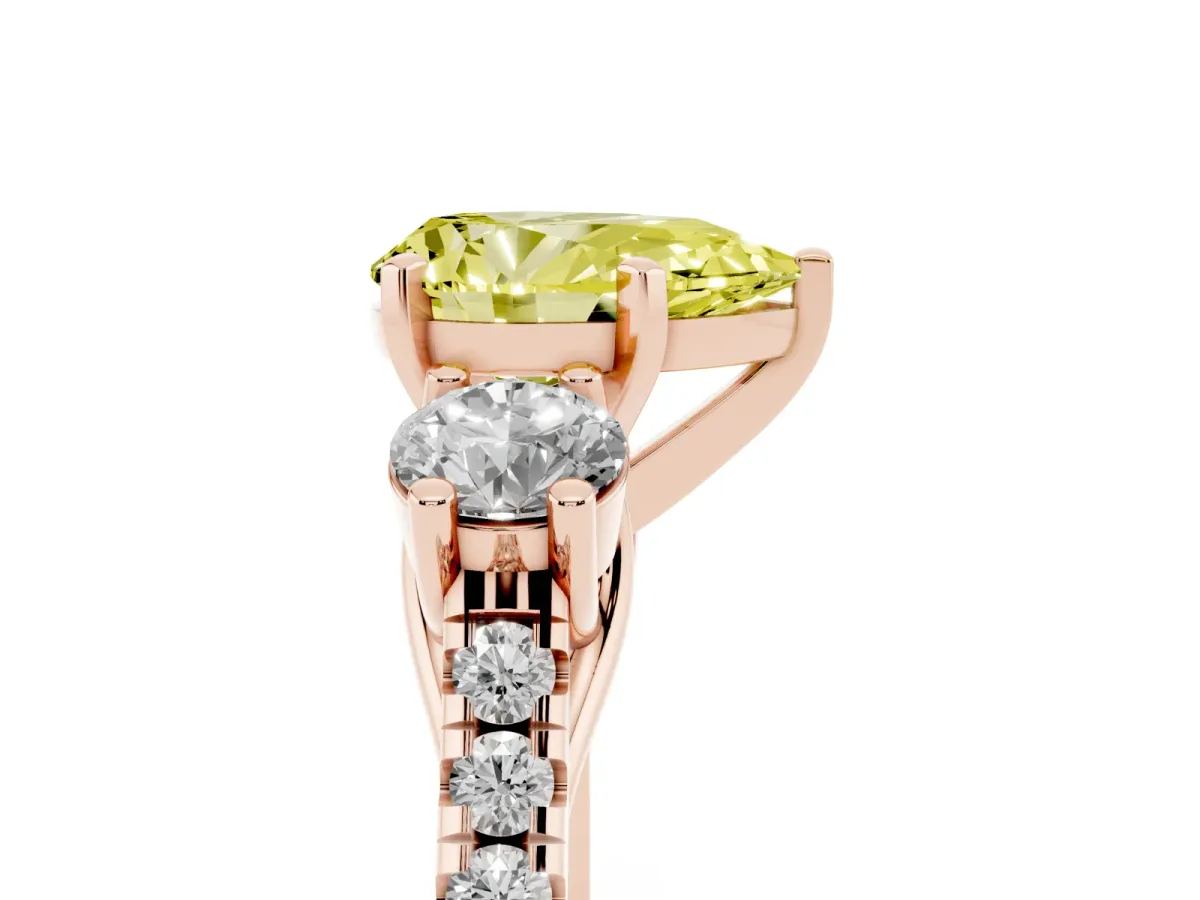 Fancy Yellow Three-Stone Pear Cut Diamond Pavé Band with Four-Prong Setting Rose gold