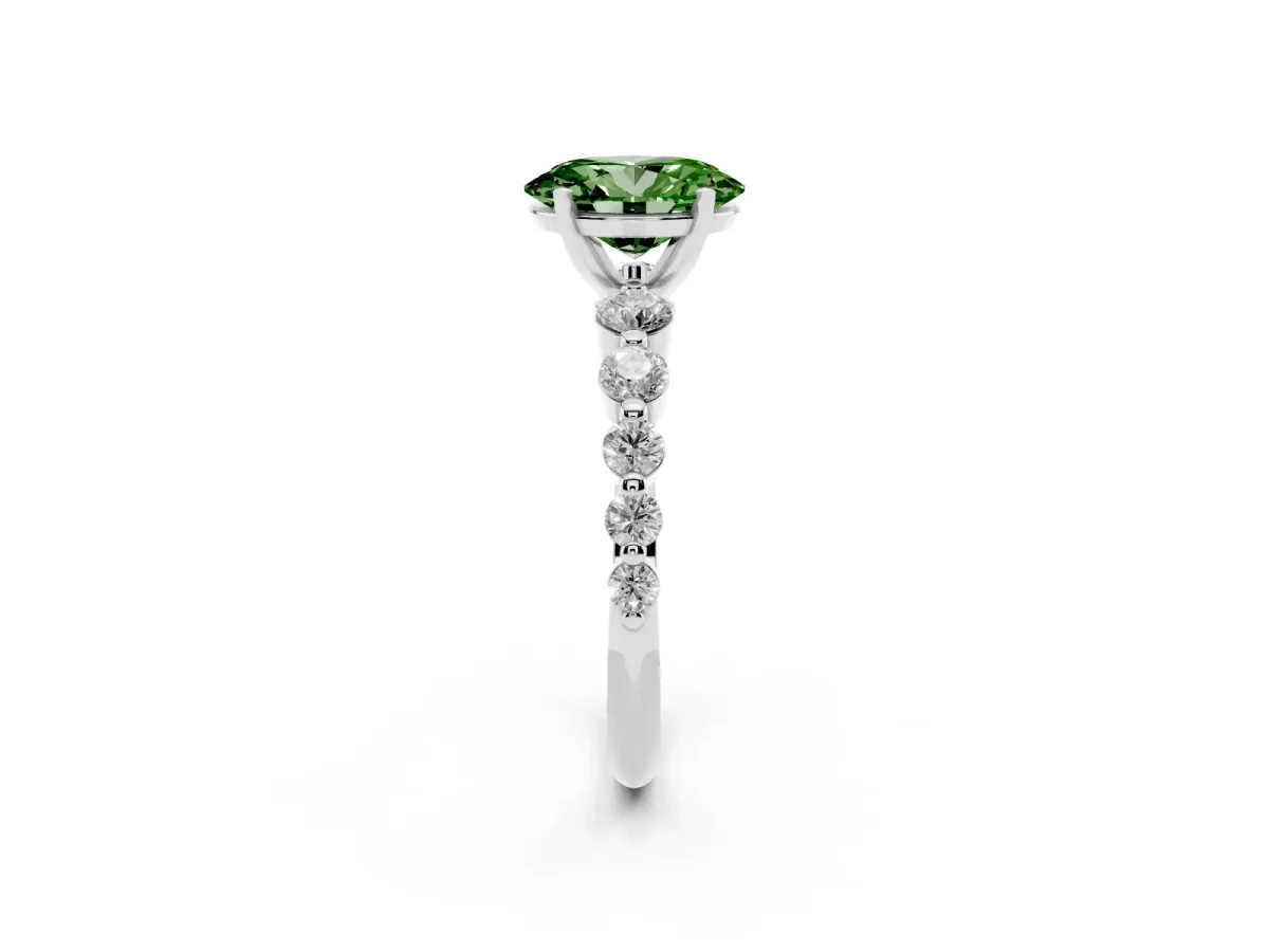 Fancy Green Oval Cut Solitaire Diamond Ring with Pave Band and Four-Prong Setting Silver