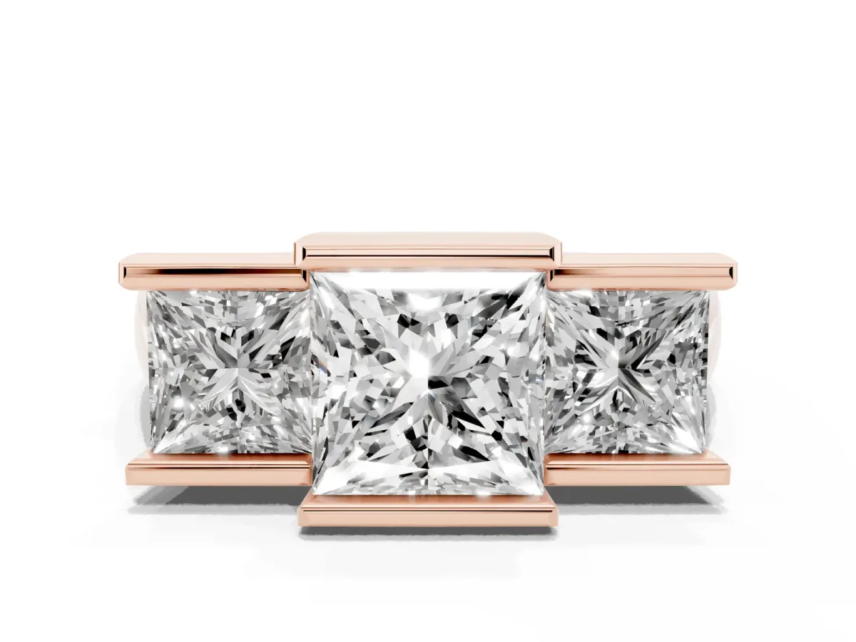 Three Stone Princess Cut Cut Channel Set Diamond Ring Rose gold