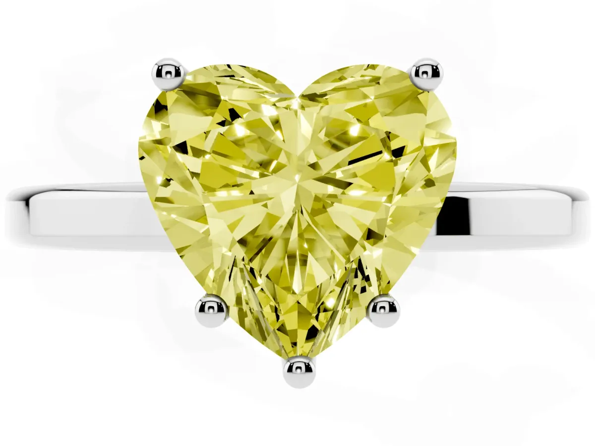 Fancy Yellow Heart Cut Cut Solitaire Engagement Ring with Four-Prong Setting on a Classic Band Silver