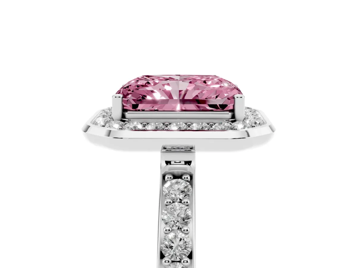 Fancy Pink Radiant Cut Diamond Halo Ring with Bezel Frame and Pavé Band Silver