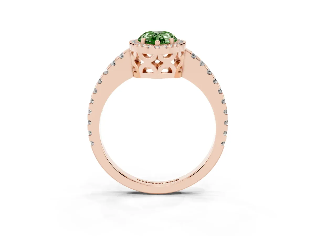 Fancy Green Pear Cut Diamond Halo Engagement Ring with Pavé Band and Prong Setting Rose gold