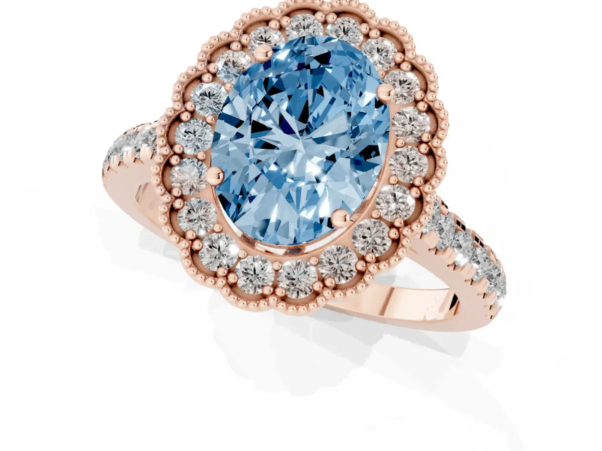 Fancy Blue Oval Cut Cut Diamond Milgrain Floral Halo Engagement Ring with Pavé Band Rose gold