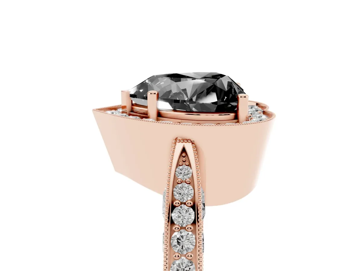 Fancy Black Heart Cut Halo Diamond Engagement Ring with Split Shank Band and Four-Prong Setting Rose gold
