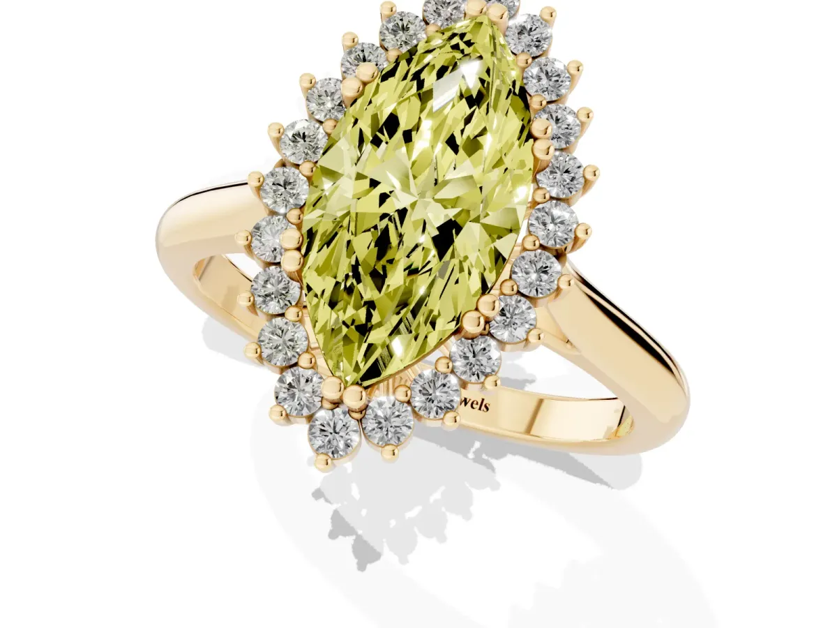 Fancy Yellow Marquise Cut Cut Diamond Halo Ring with Solitaire Band and Prong Setting Yellow gold