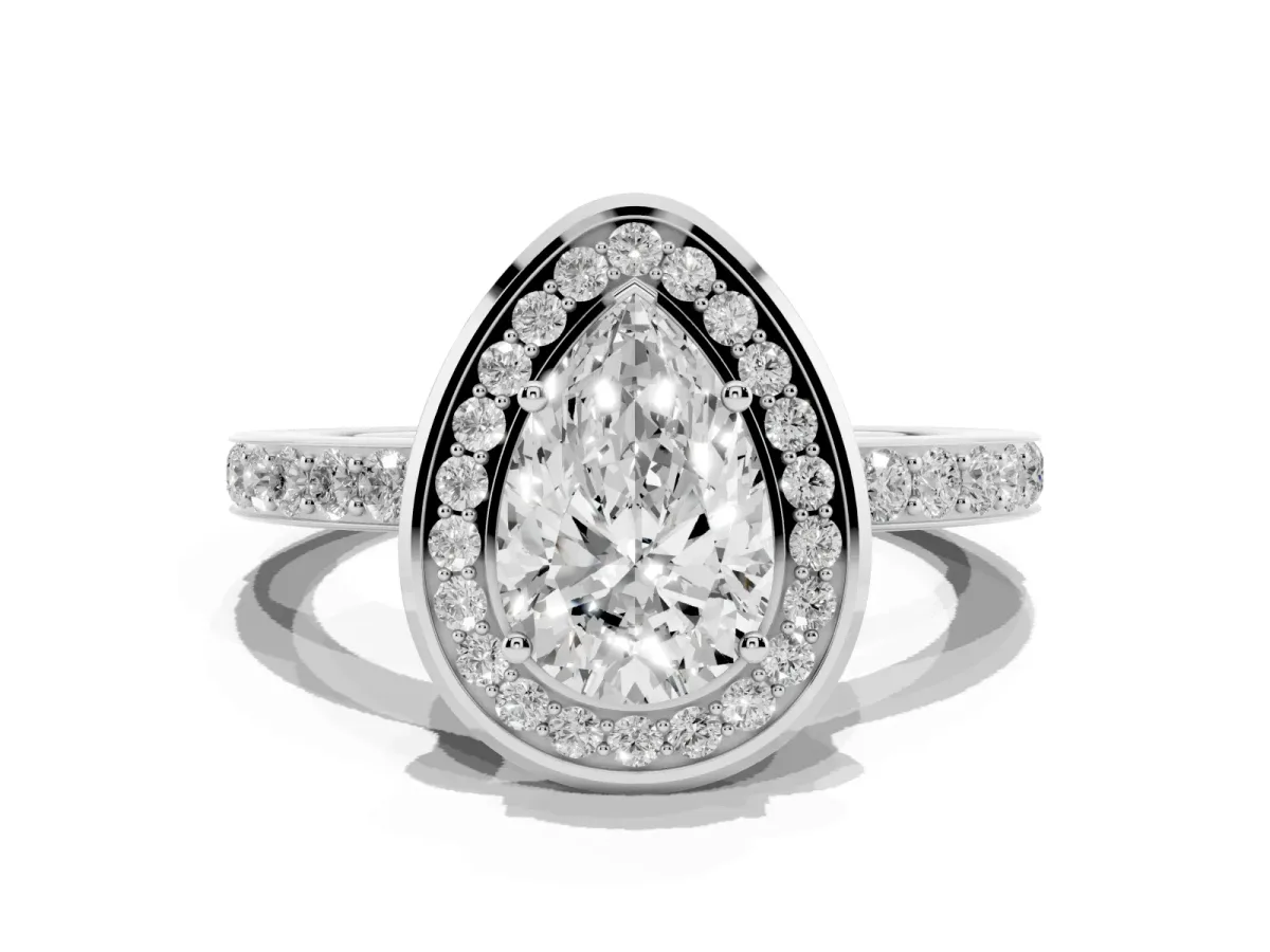 Pear Cut Diamond Halo Ring with Bezel Frame and Pavé Band Silver