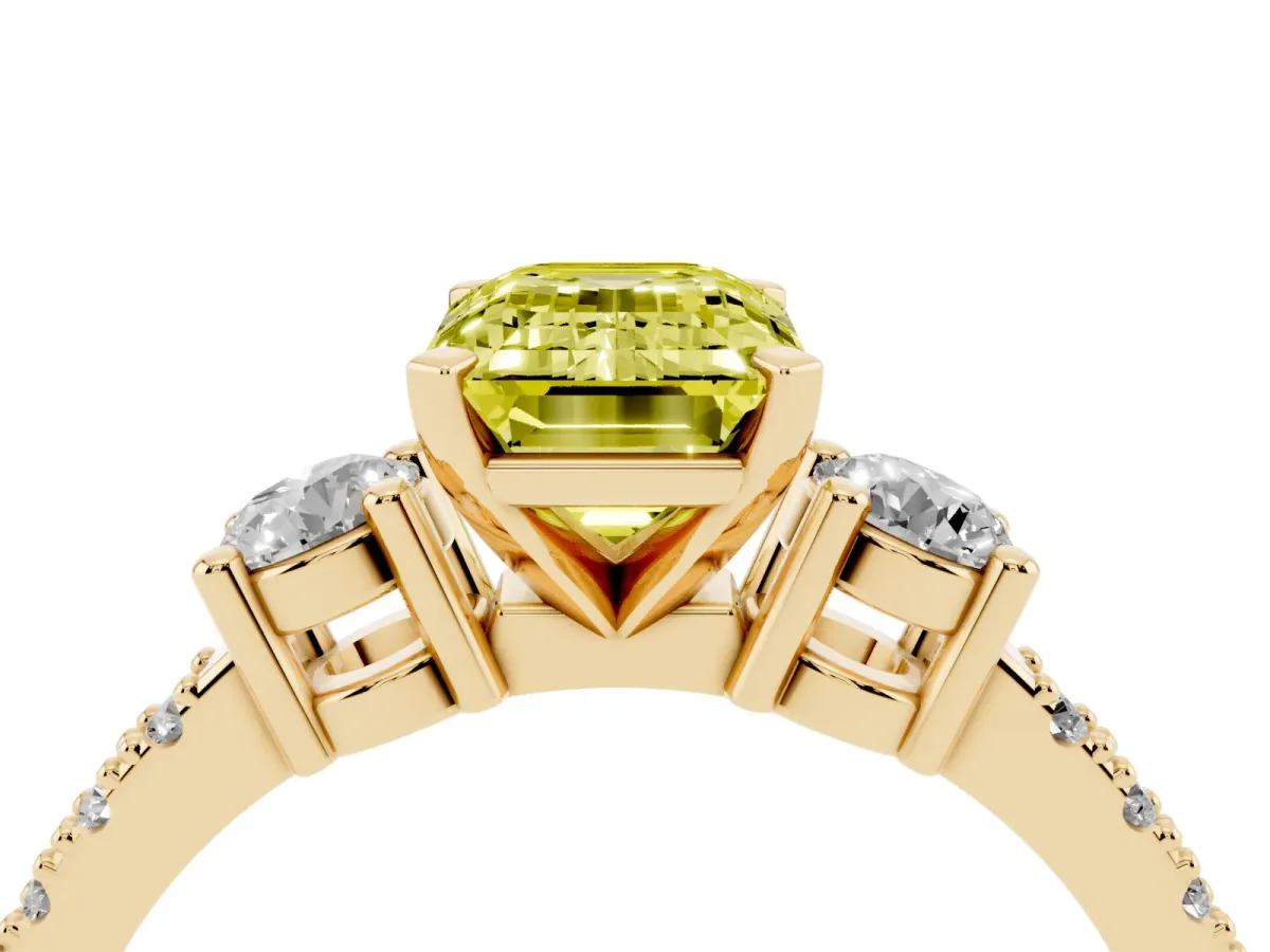 Fancy Yellow Emerald Cut Three-Stone Diamond Pavé Band with Prong Setting Yellow gold