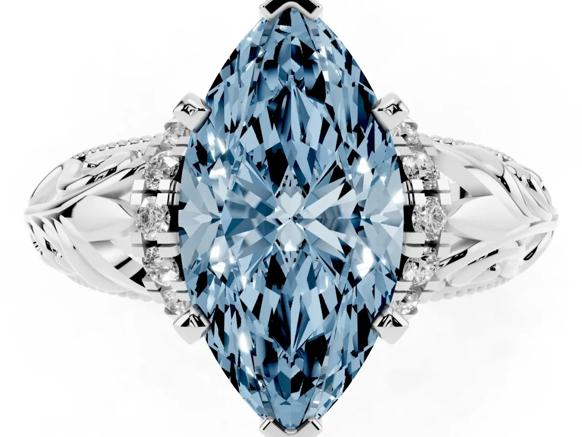 Fancy Blue Marquise Cut Solitaire Filigree Engagement Ring with Halo and Prong Setting Silver