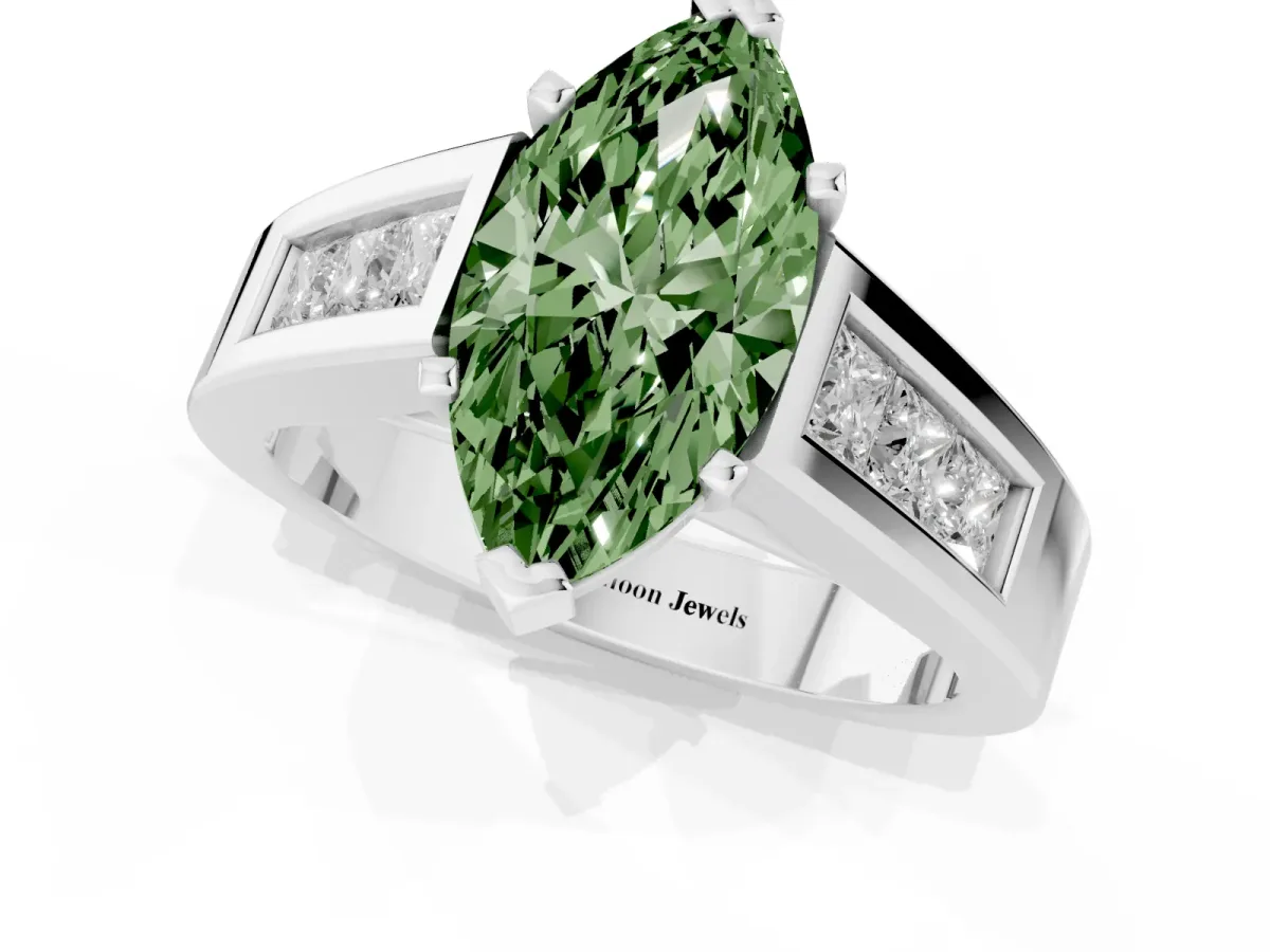 Fancy Green Marquise Cut Cut Channel Set Solitaire Ring with Four-Prong Setting Platinum