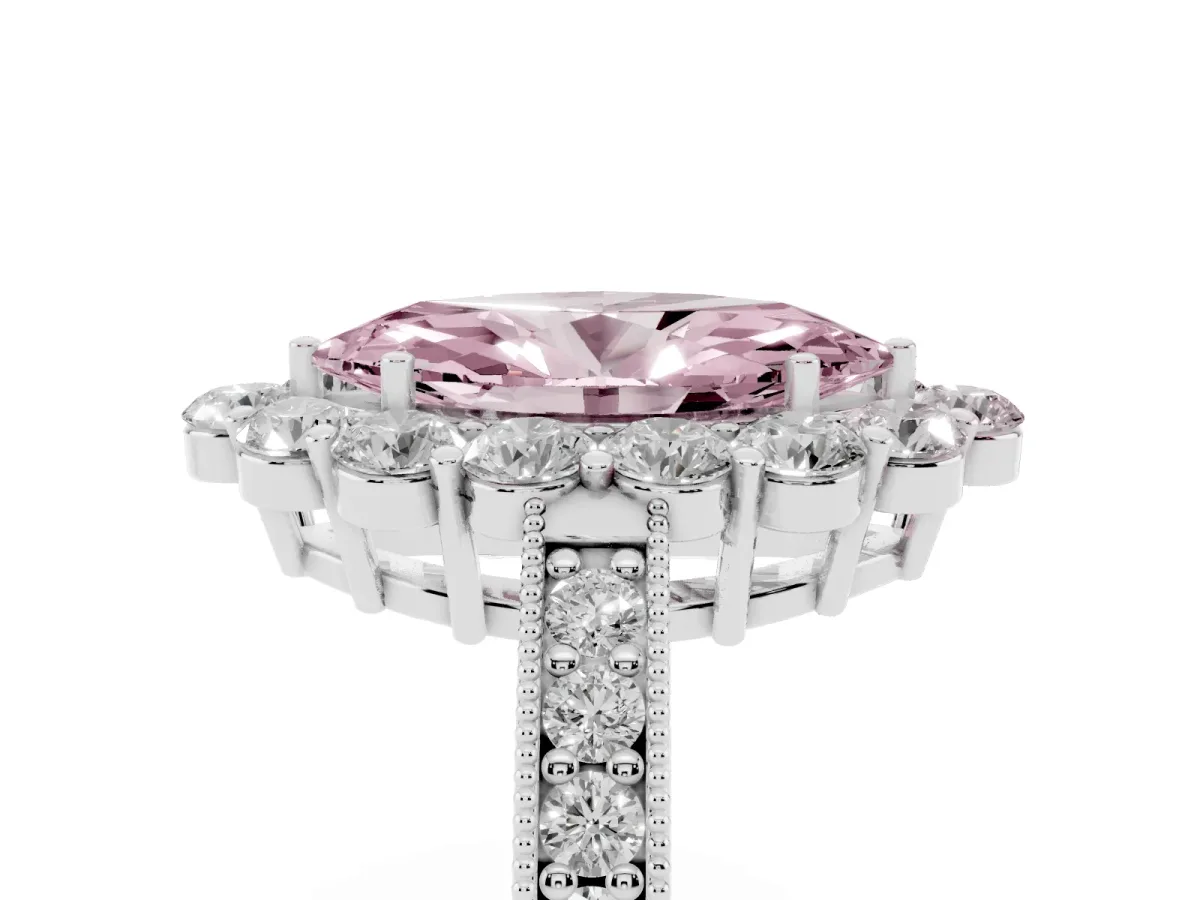 Fancy Pink Marquise Cut Cut Halo Diamond Pavé Engagement Ring with Milgrain Detailing Platinum