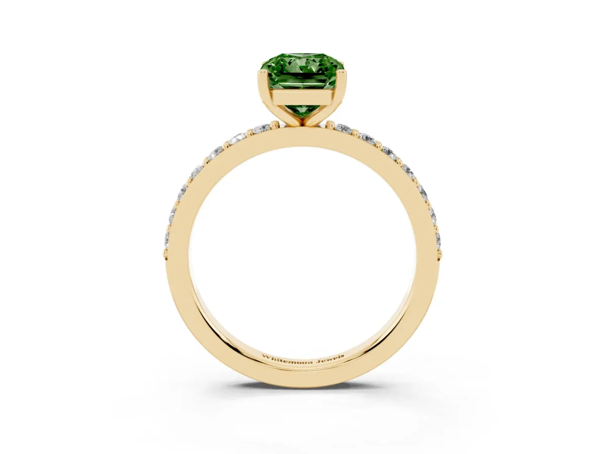 Fancy Green Radiant Cut Cut Diamond Solitaire with Pave Band and Four-Prong Setting Yellow gold