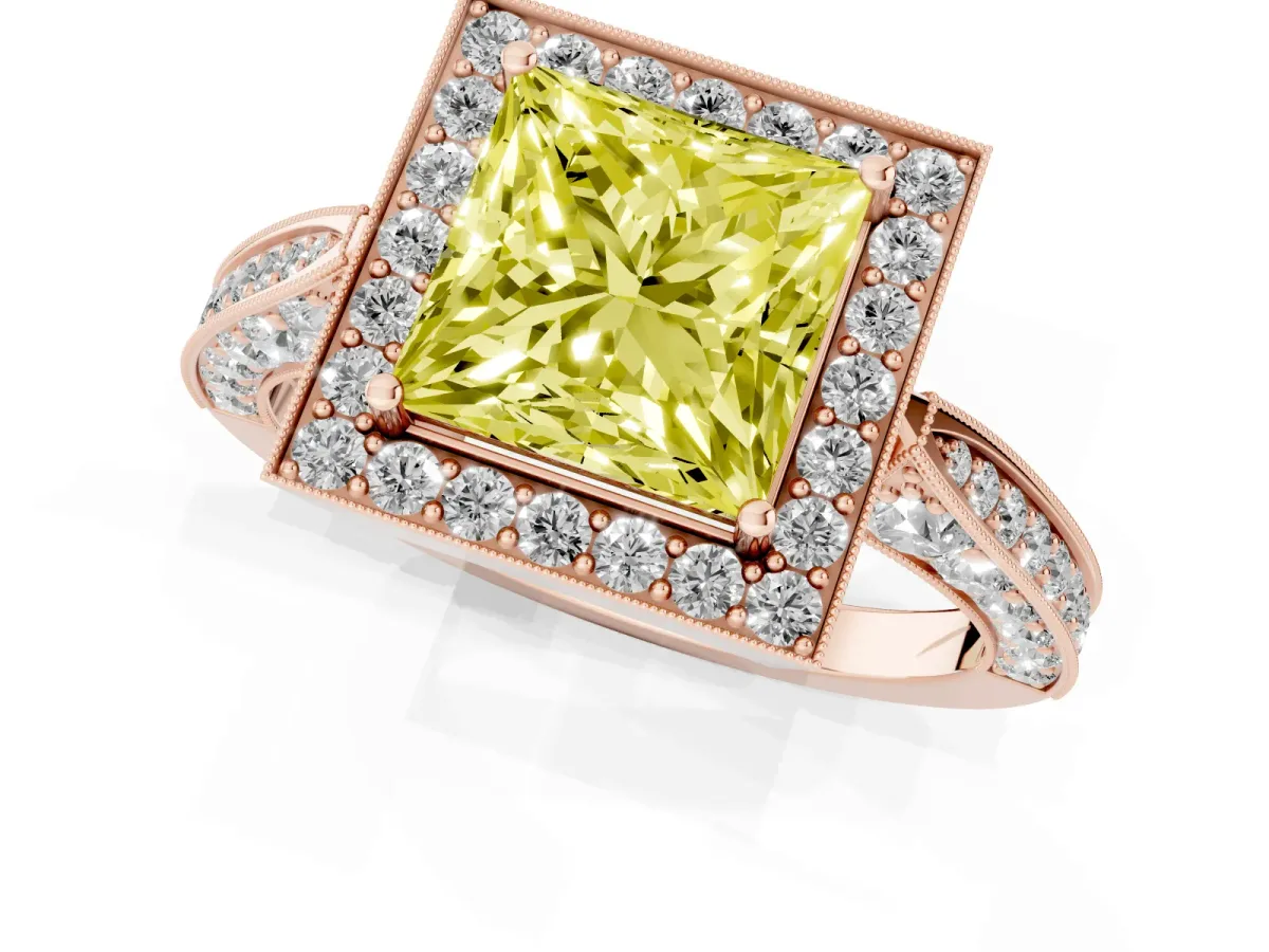 Fancy Yellow Princess Cut Halo Diamond Engagement Ring with Split Shank Band and Four-Prong Setting Rose gold