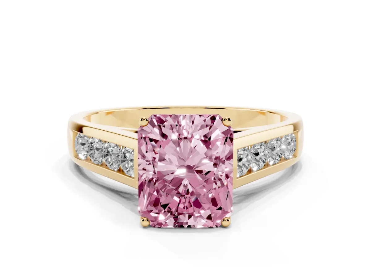 Fancy Pink Radiant Cut Brilliant Channel-Set Solitaire Ring with Four-Prong Setting Yellow gold
