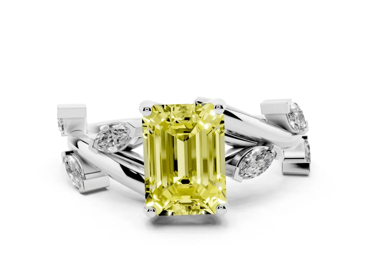 Fancy Yellow Emerald Cut Solitaire Twisted Band Marquise Accent Prong Setting Ring White gold