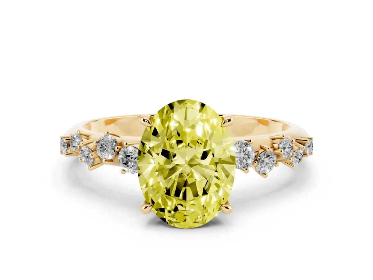 Fancy Yellow Oval Cut Diamond Cluster Side Stone Solitaire Ring with Prong Setting Yellow gold