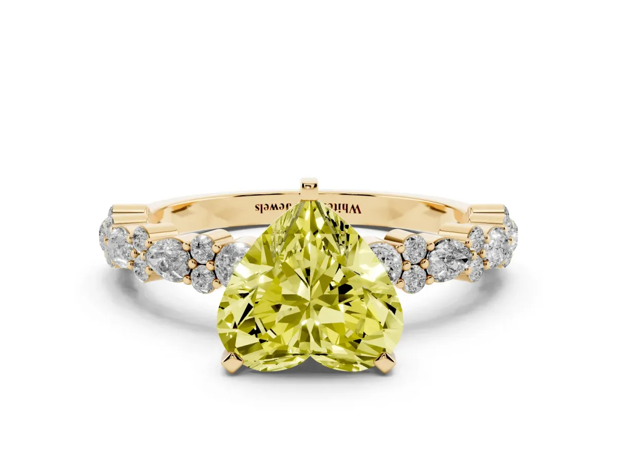 Fancy Yellow Heart Cut Diamond Side Stone Solitaire Ring with Round and Four-Prong Setting Yellow gold