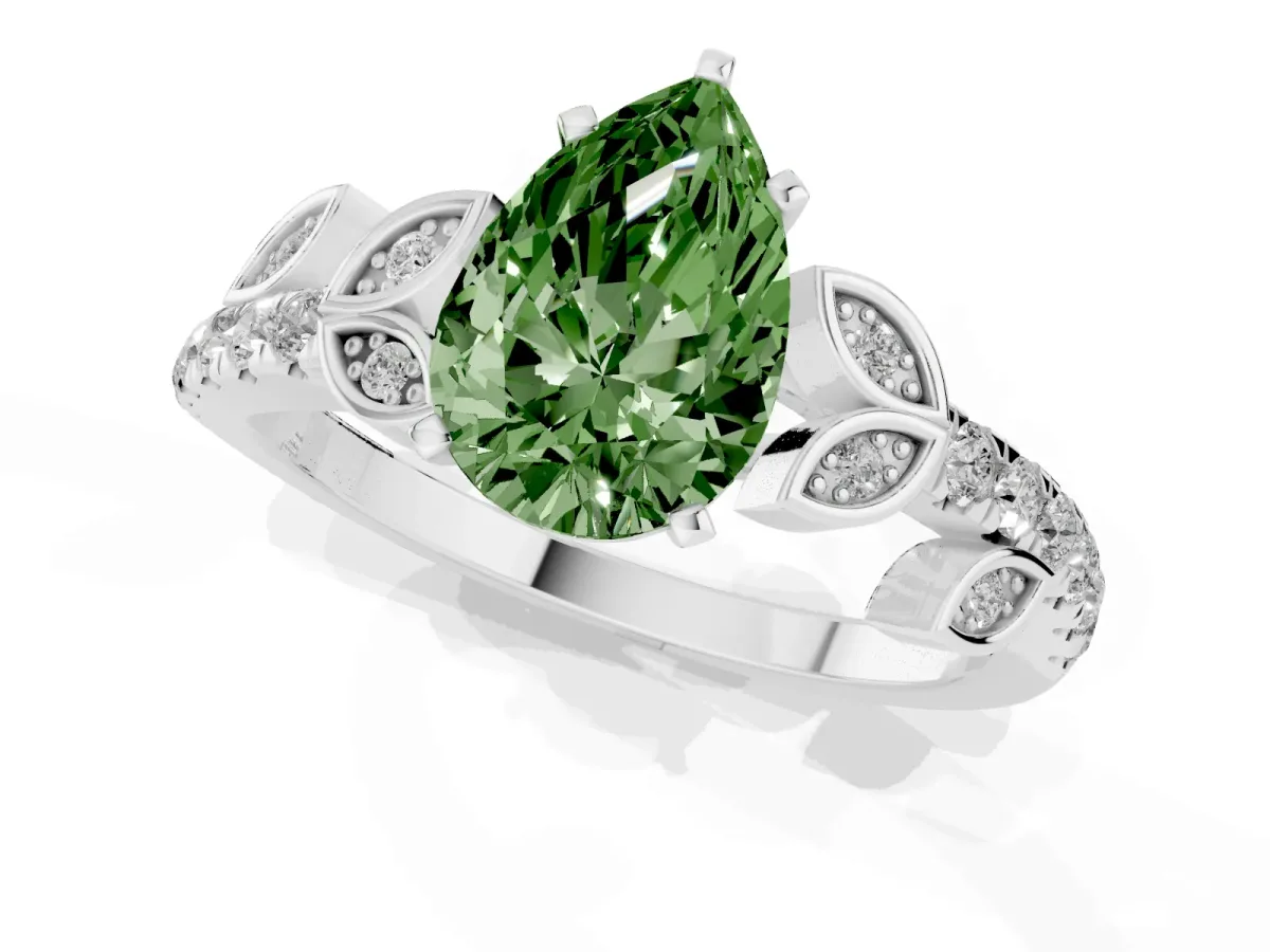 Fancy Green Pear Cut Solitaire Leaf-Inspired Diamond Ring with Pavé Band and Four-Prong Setting Silver