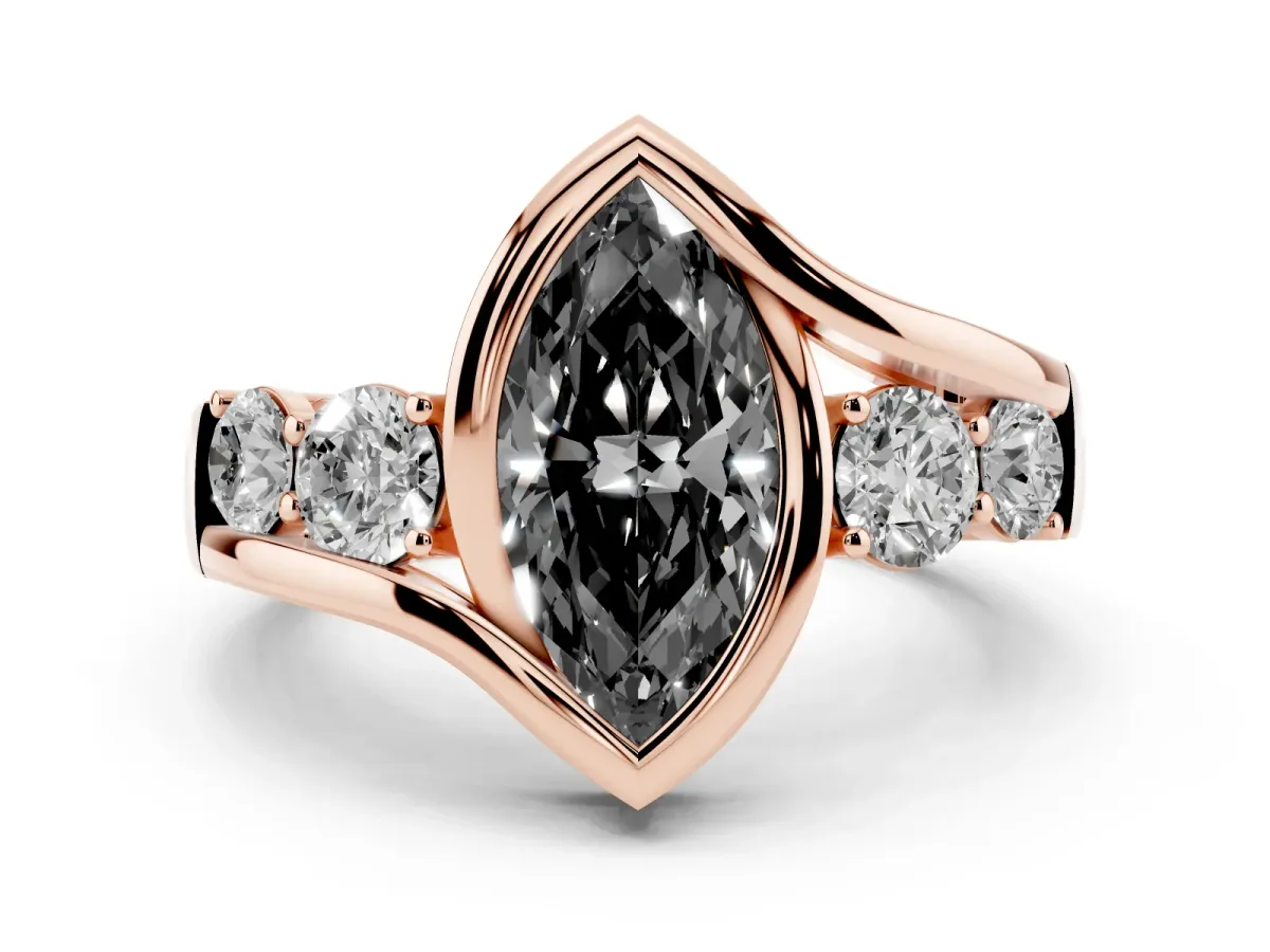 Fancy Black Bezel Set Marquise Cut Diamond Bypass Ring with Round Accents Rose gold