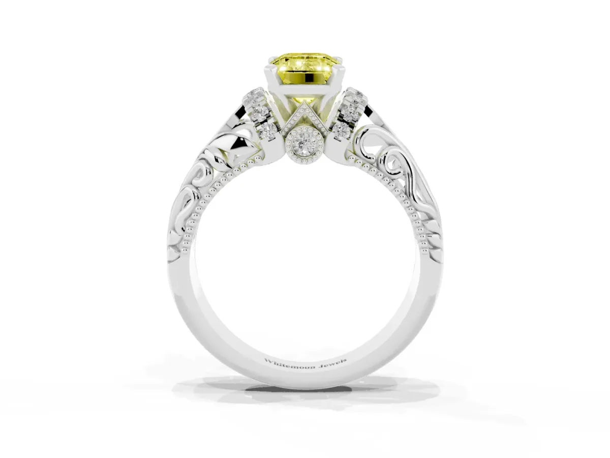 Fancy Yellow Emerald Cut Solitaire Filigree Engagement Ring with Halo and Prong Setting Silver