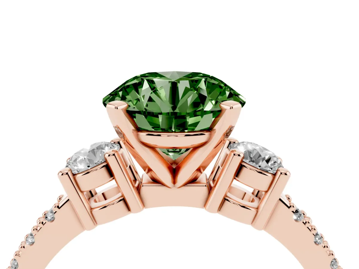 Fancy Green Round Cut Three-Stone Diamond Pavé Band with Prong Setting Rose gold