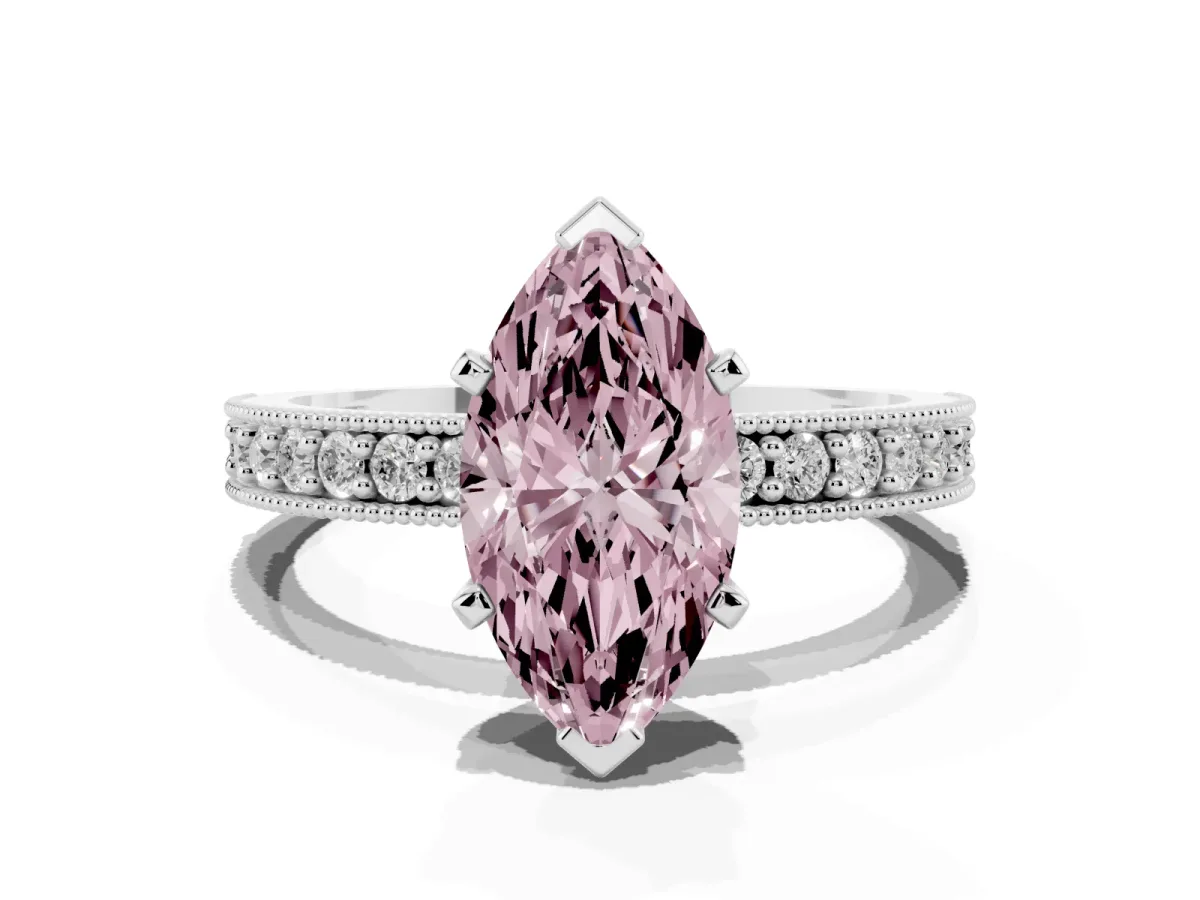 Fancy Pink Marquise Cut Diamond Milgrain Pavé Engagement Ring with Four-Prong Setting Silver
