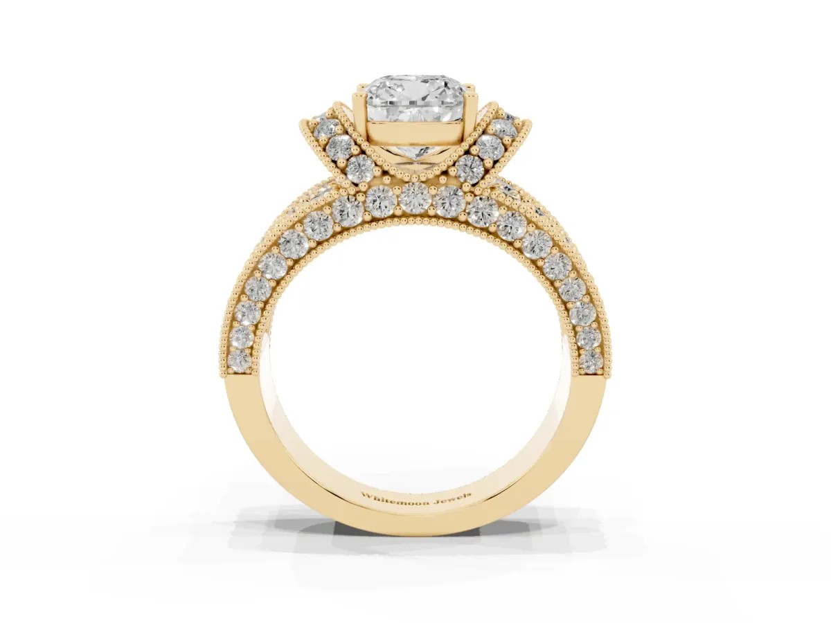 Cushion Cut Halo Pave Diamond Engagement Ring with Milgrain Detailing Yellow gold