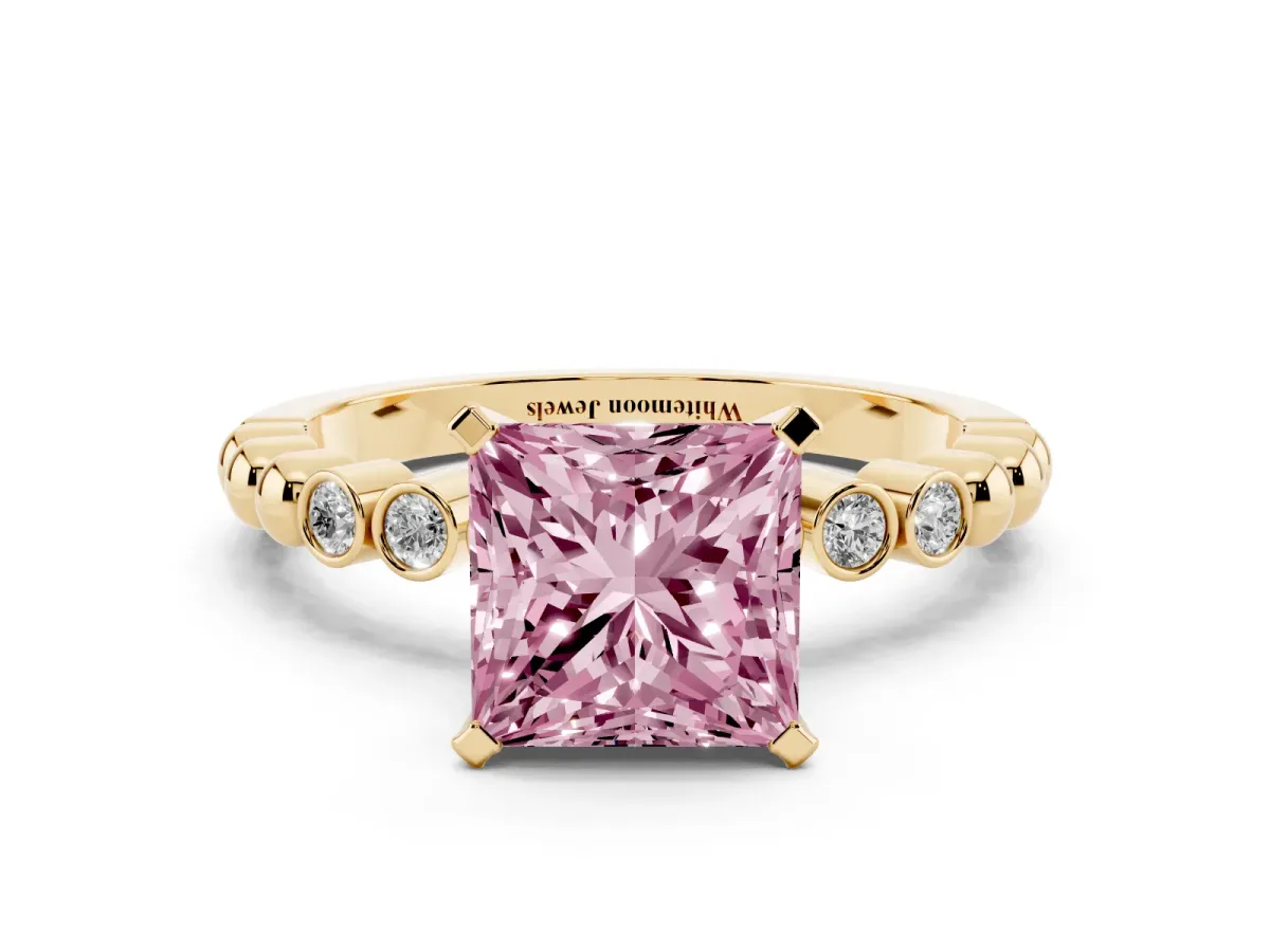 Fancy Pink Princess Cut Solitaire Bezel Accent Diamond Engagement Ring with Beaded Band and Four-Prong Setting Yellow gold