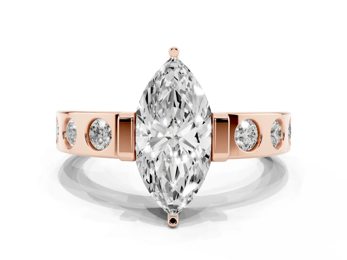 Marquise Cut Brilliant Channel-Set Diamond Ring with Bezel Prong Setting Rose gold