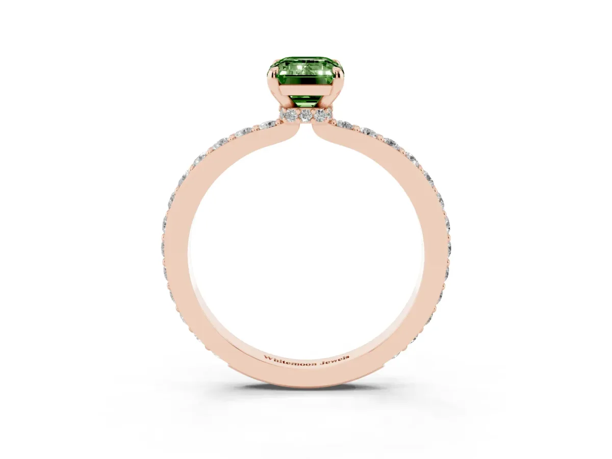 Fancy Green Emerald Cut Diamond Pavé Engagement Ring with Round Accents and Prong Setting Rose gold